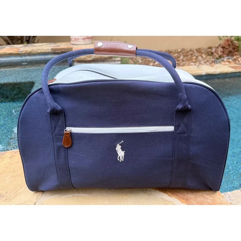 Polo Ralph Lauren Navy NWOT Canvas Weekender Duffel Bag Brown Leather Trim Large